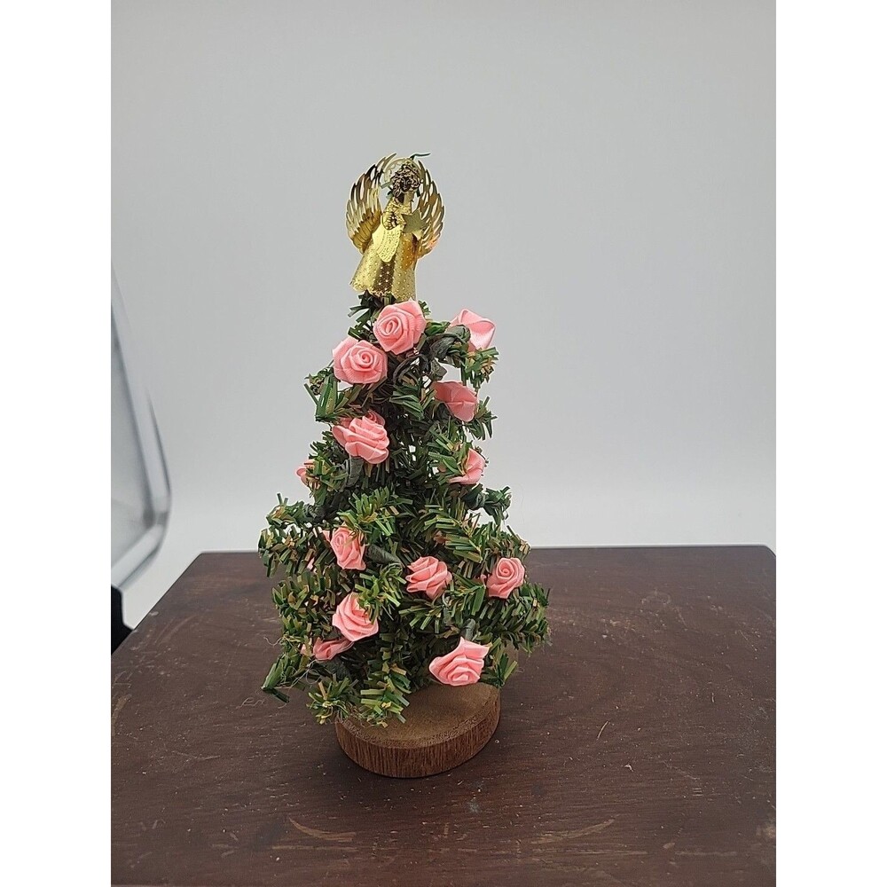 Vtg Pink Satin Rose Mini Christmas Tree With Gold Angel Topper Tiny House Small